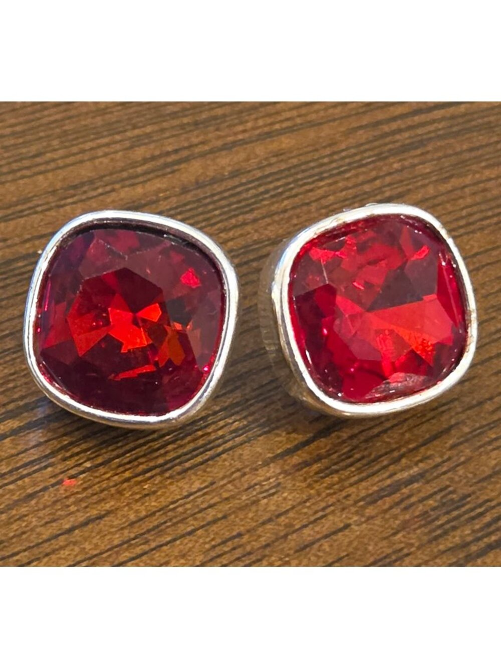 Avon Red Cushion-Cut Square Stud Earrings Silver-Tone Bezel Setting Butterfly